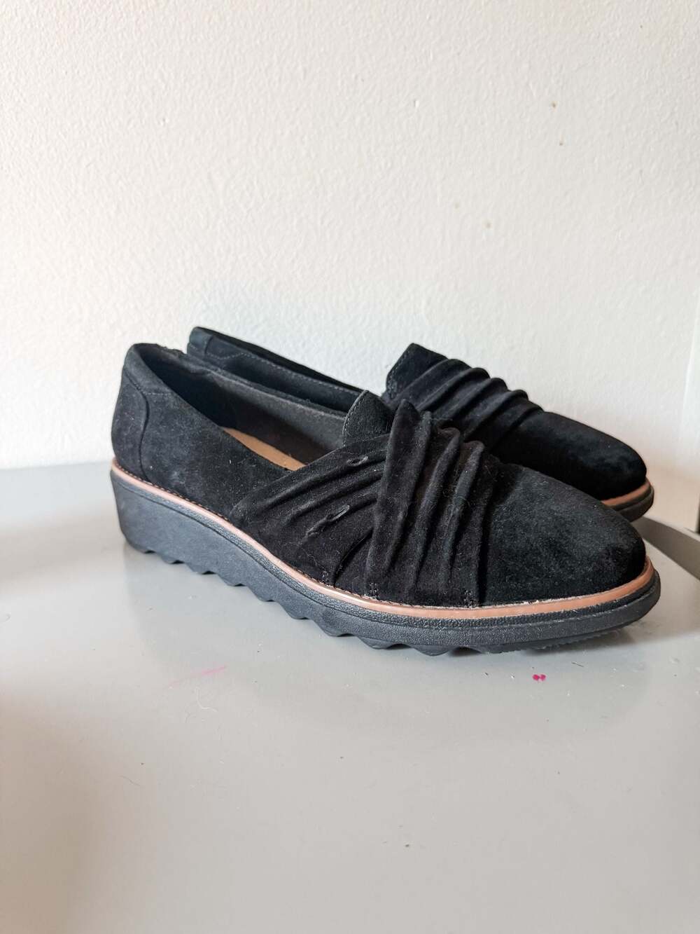 Clarks Collection Sharon Villa Black Suede Platform Loafers
